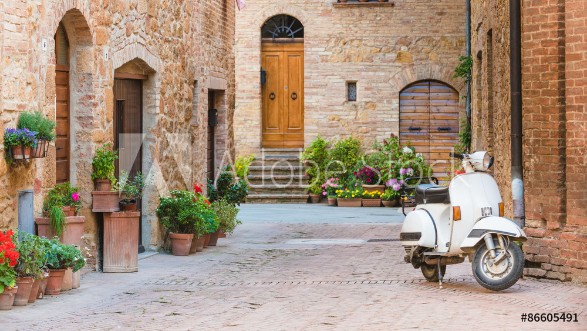 Picture of Italian streets in the Tuscan small town and a popular single-tr